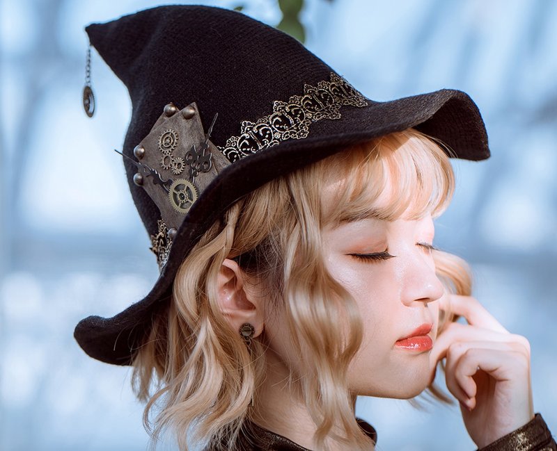 蒸汽朋克 steampunk 萬聖節 女巫 巫師帽 魔女帽 針織毛線帽 - 帽子 - 其他人造纖維 黑色