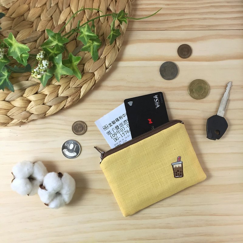 娜吉小物。台灣刺繡零錢包－珍珠奶茶 - 零錢包/小錢包 - 棉．麻 黃色
