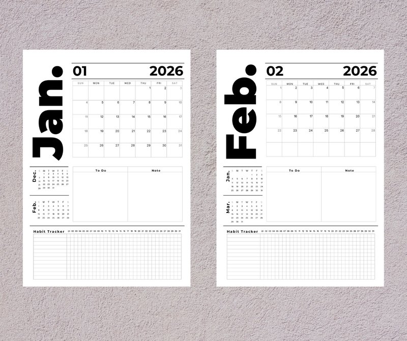 Clarity 2026 – Simple Digital Calendar for Modern Walls,Sunday start, digital DO - 電子手帳及素材 - 其他材質 
