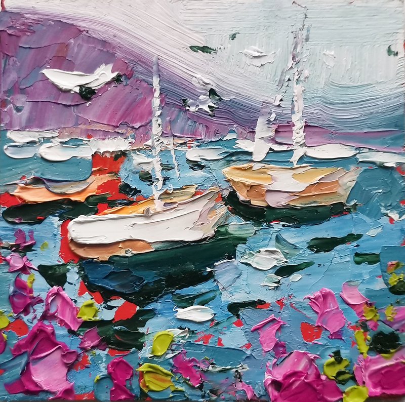 Michigan Sailboats Painting Original Art Impasto Oil Painting Poppy Art Verafe - 海報/掛畫/掛布 - 其他材質 藍色