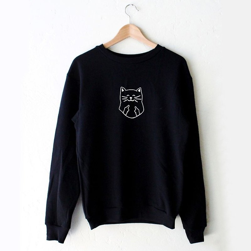 Smile Cat Finger unisex black sweatshirt - เสื้อผู้หญิง - ผ้าฝ้าย/ผ้าลินิน สีดำ