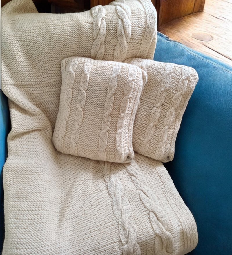 編織大毛毯和編織抱枕套組 - 天然羊毛製 - 手工編織溫暖組合 - 棉被/毛毯 - 羊毛 黃色