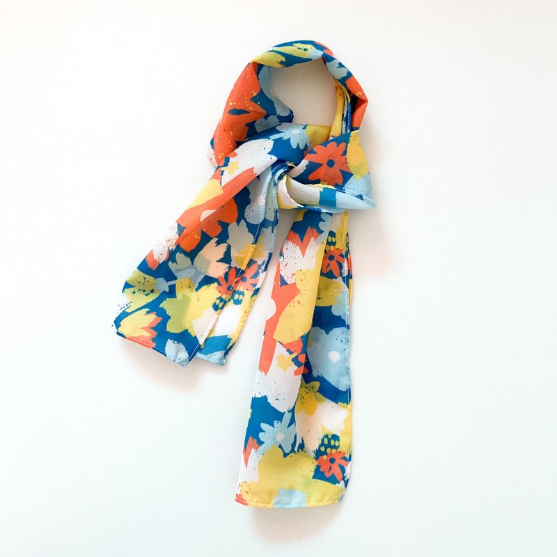 Silk scarf 15x87 Summer Flower | Printed silk scarf, light chiffon scarf exchange gift - ผ้าพันคอ - เส้นใยสังเคราะห์ สีน้ำเงิน