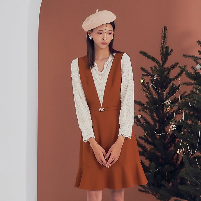 【MEDUSA】Lace Splicing V-neck Vest Dress - One Piece Dresses - Polyester Orange