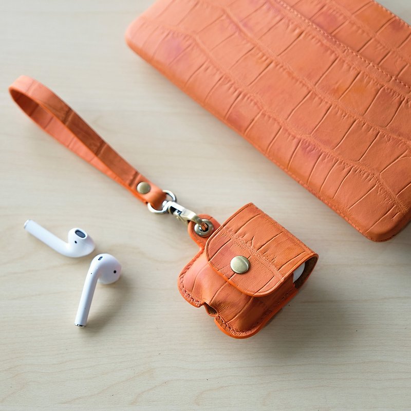 AirPods 1/2 Leather Case-Orange (Cow leather with Croco emb) - ヘッドホン・イヤホン - 革 オレンジ