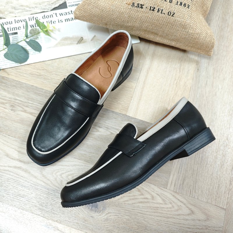 Simple small leather shoes, handmade genuine leather women's shoes, wide last shoes, large size women's shoes, made in Taiwan, lady's shoes - black and gray - Women's Oxford Shoes - Genuine Leather Black