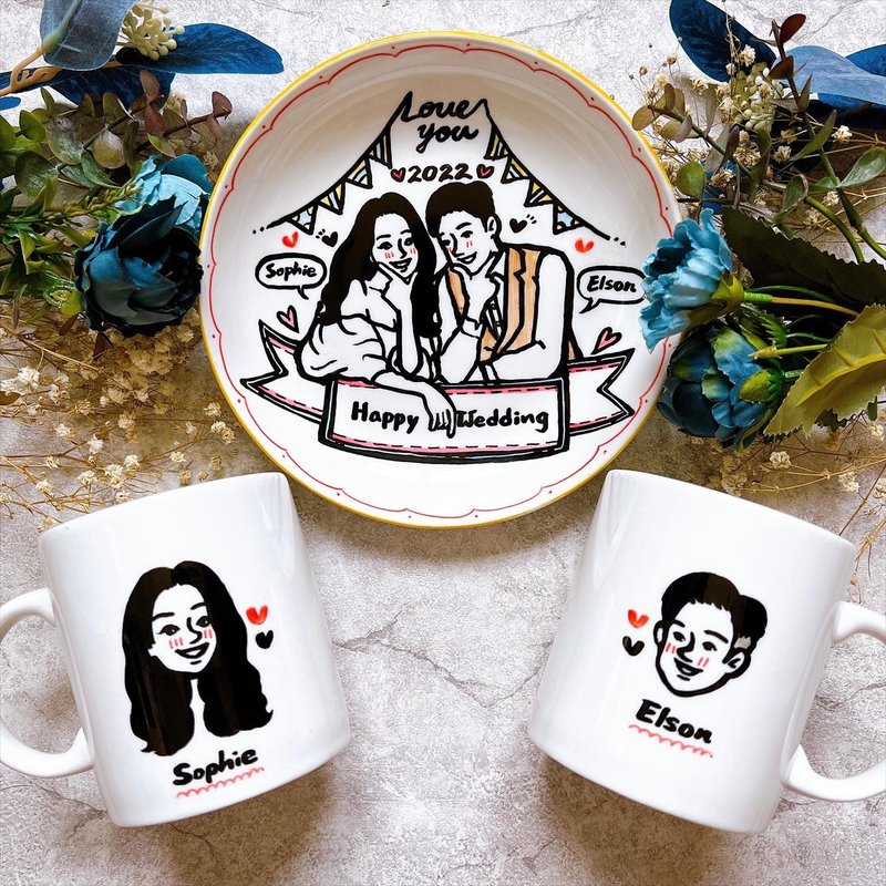 Fully Customized/Couple.Wedding Gift - Mugs, Cups + Wedding Plates 3 Lucky Bags - แก้วมัค/แก้วกาแฟ - เครื่องลายคราม ขาว