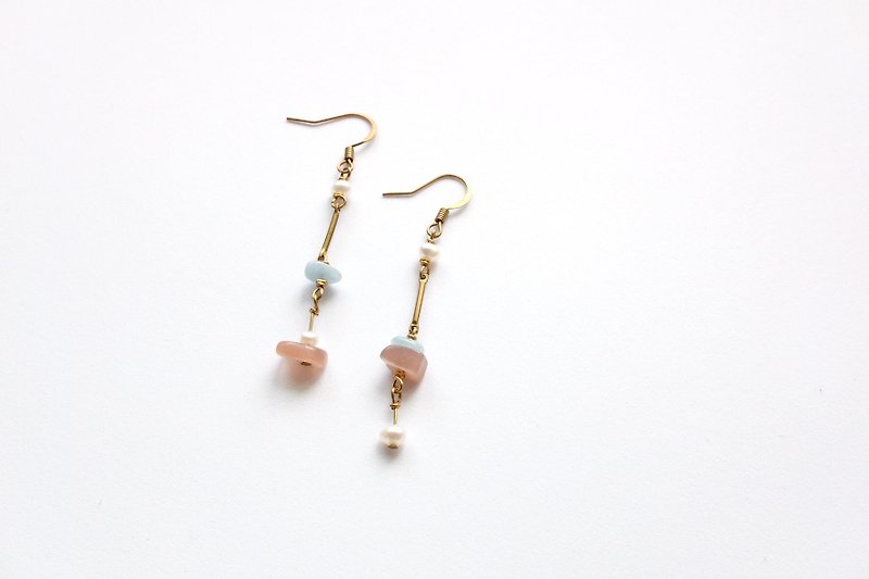 Bronze earrings | Sun Stone| Aquamarine | freshwater pearls Ear / Clip-On - ต่างหู - ทองแดงทองเหลือง 