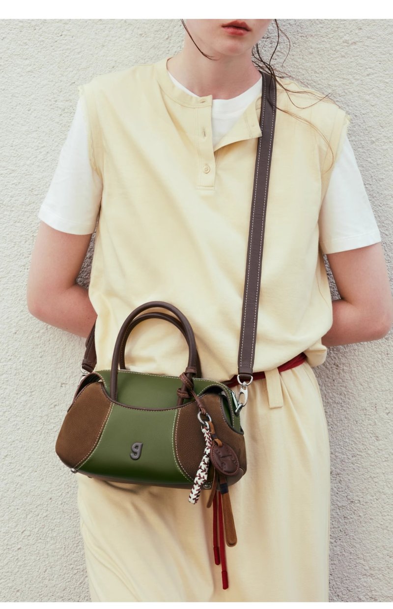 Bean Paste Green Small Baseball Boston Bag Cowhide Genuine Leather Bag Hand-held Shoulder Armpit Bag KUNOGIGI - กระเป๋าแมสเซนเจอร์ - หนังแท้ สีเขียว