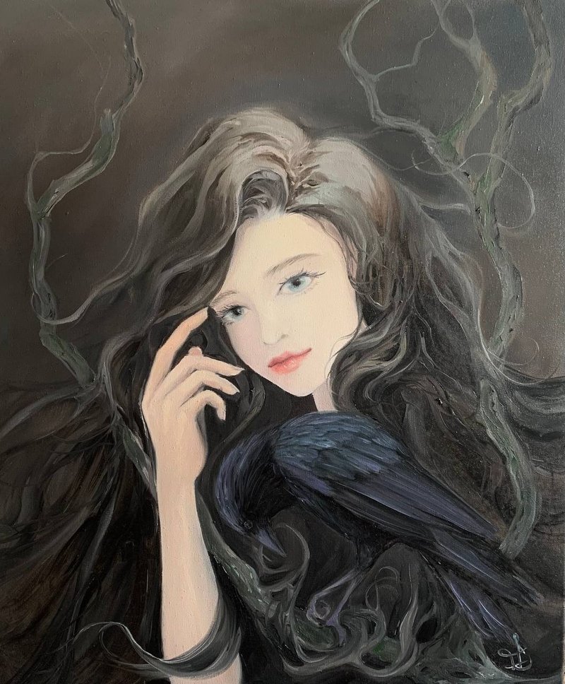 Woman Painting Portrait Original Painting Oil On Canvas Woman With A Crow Art - ตกแต่งผนัง - วัสดุอื่นๆ สีดำ