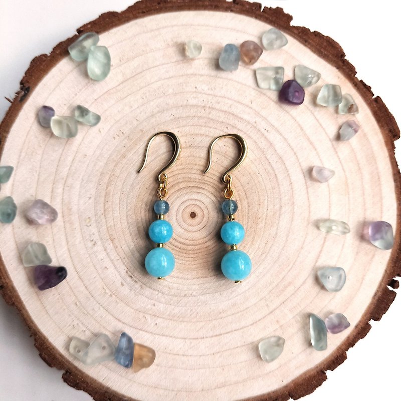 J006-Semi-natural stone bead string earrings Stone aquamarine crystal blue three brothers - Earrings & Clip-ons - Semi-Precious Stones Blue