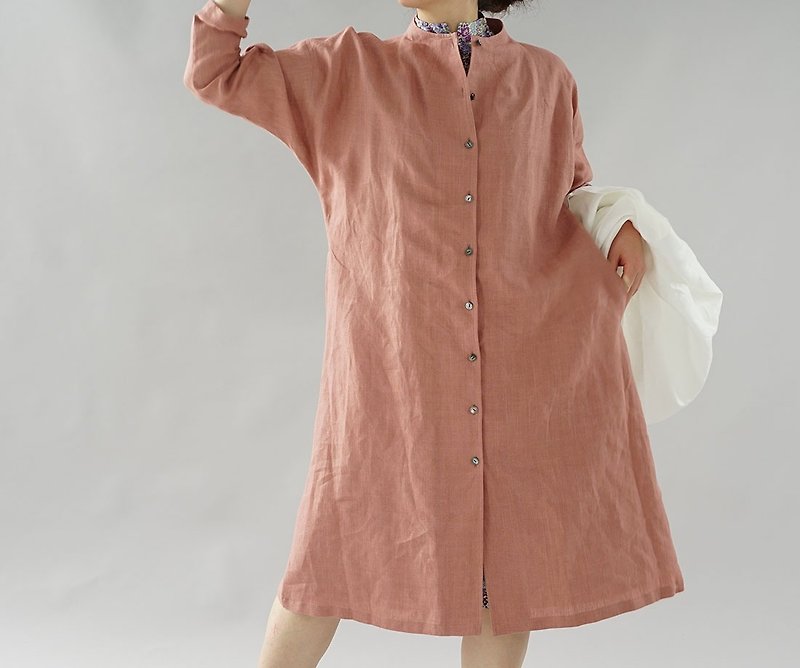 wafu  linen dress / long length / long sleeve / cardigan / pink  a048b-ers2 - One Piece Dresses - Cotton & Hemp Pink