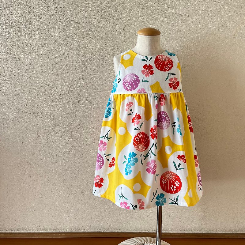 Children's Yukata modest flare dress, dyed dianthus, yellow, 80-130 sizes, made to order - กระโปรง - ผ้าฝ้าย/ผ้าลินิน สีเหลือง