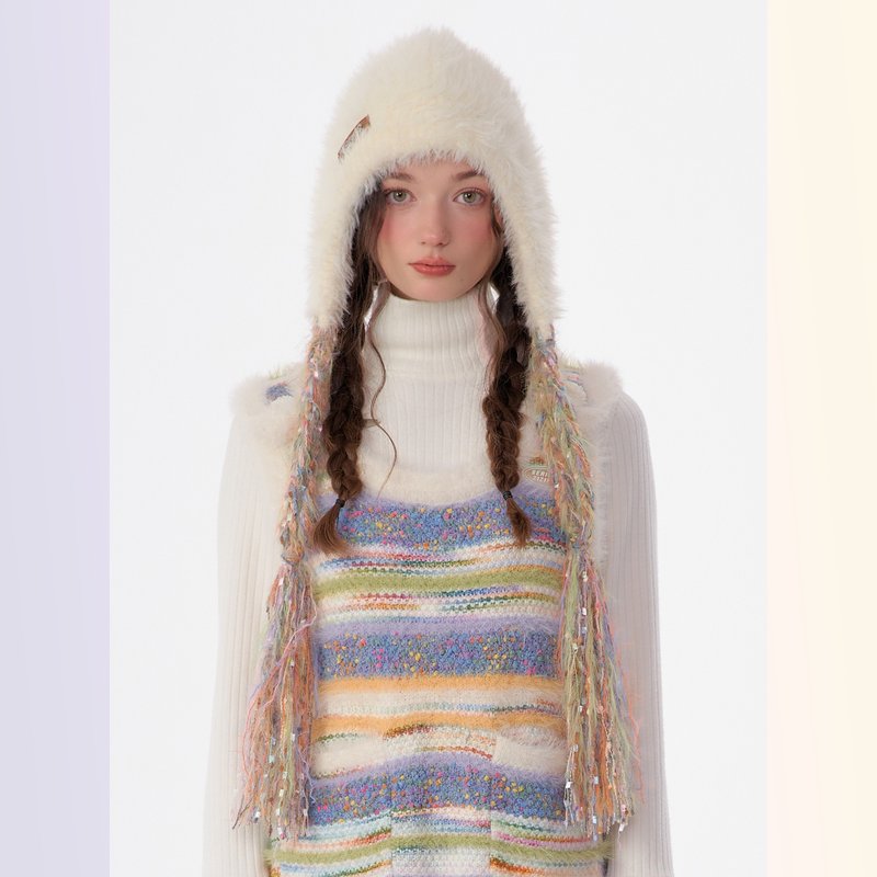 ziziFei autumn and winter original design cold-proof colorful braid thick warm white fluffy knitted hat - หมวก - วัสดุอื่นๆ ขาว