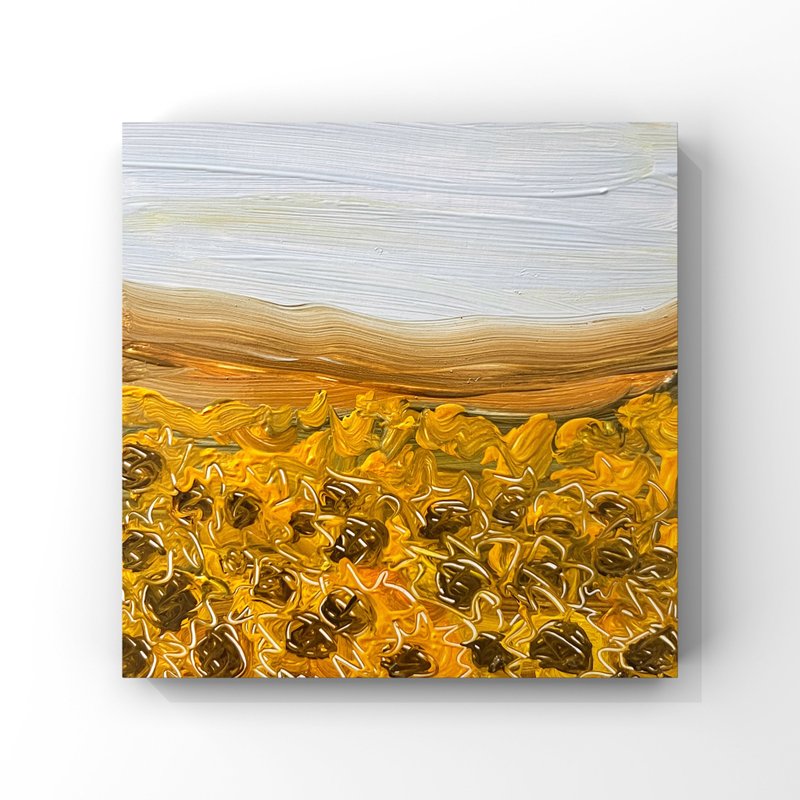 Sunflowers art Sunflower field original oil painting Small art gift from Ukraine - 海報/掛畫/掛布 - 其他材質 橘色