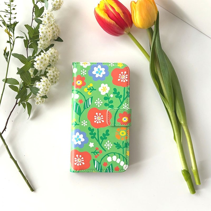 Notebook type phone case / Flowers - Lime Green - - Phone Cases - Faux Leather Multicolor