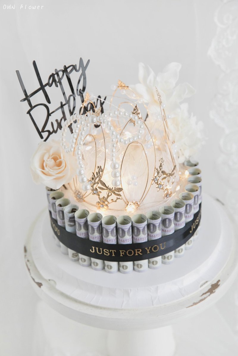 鈔票蛋糕/有錢蛋糕花/錢花蛋糕/生日禮物/生日蛋糕/永生蛋糕禮盒 - 乾燥花/永生花 - 植物．花 金色