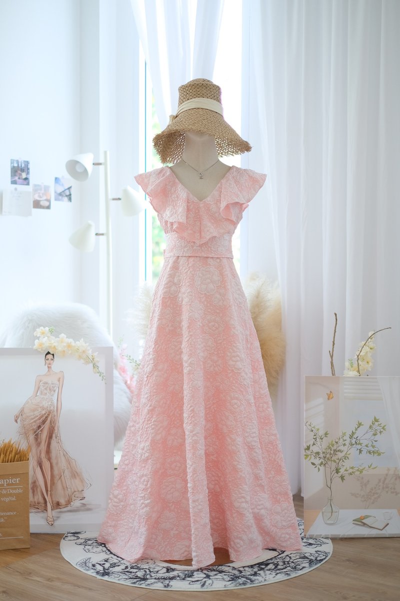 Baby pink jacquard dress , Bridesmaid maxi dress , Wedding party dress - 禮服/小禮服 - 聚酯纖維 粉紅色