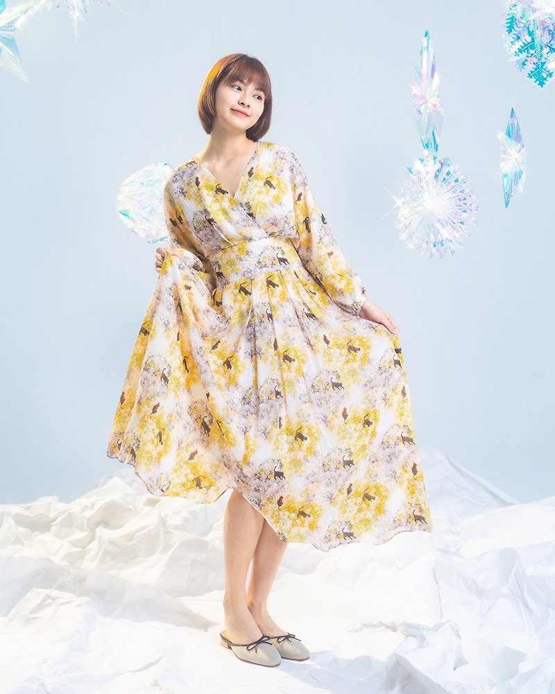 [Poli Printing] Potato Fries Dress Japanese Kimono Dress Kyoto Byodoin Yarn Fabric - One Piece Dresses - Cotton & Hemp Yellow
