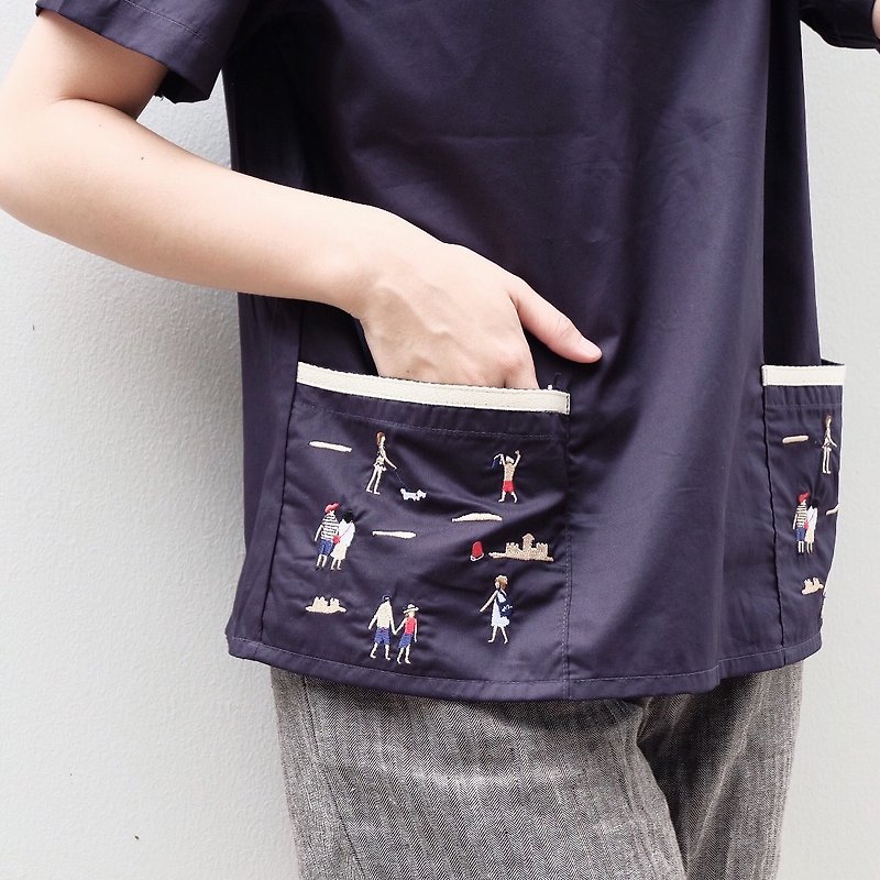 Short-sleeves shirt with double pockets : navy color - 女上衣/長袖上衣 - 其他材質 藍色
