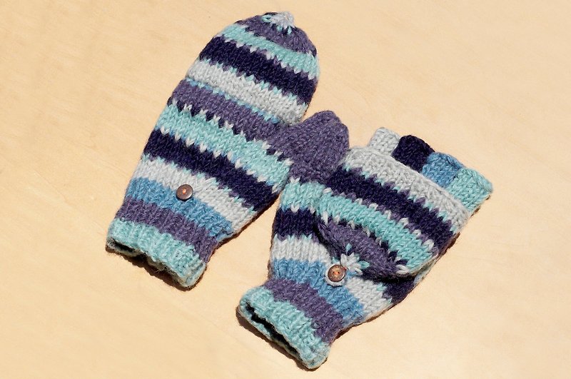Valentine's Day gift ideas gift of a limited hand-woven pure wool knitted gloves / detachable gloves / warm gloves (made in nepal) - Blue Mosque of dyeing gradient stripes - Gloves & Mittens - Wool Blue