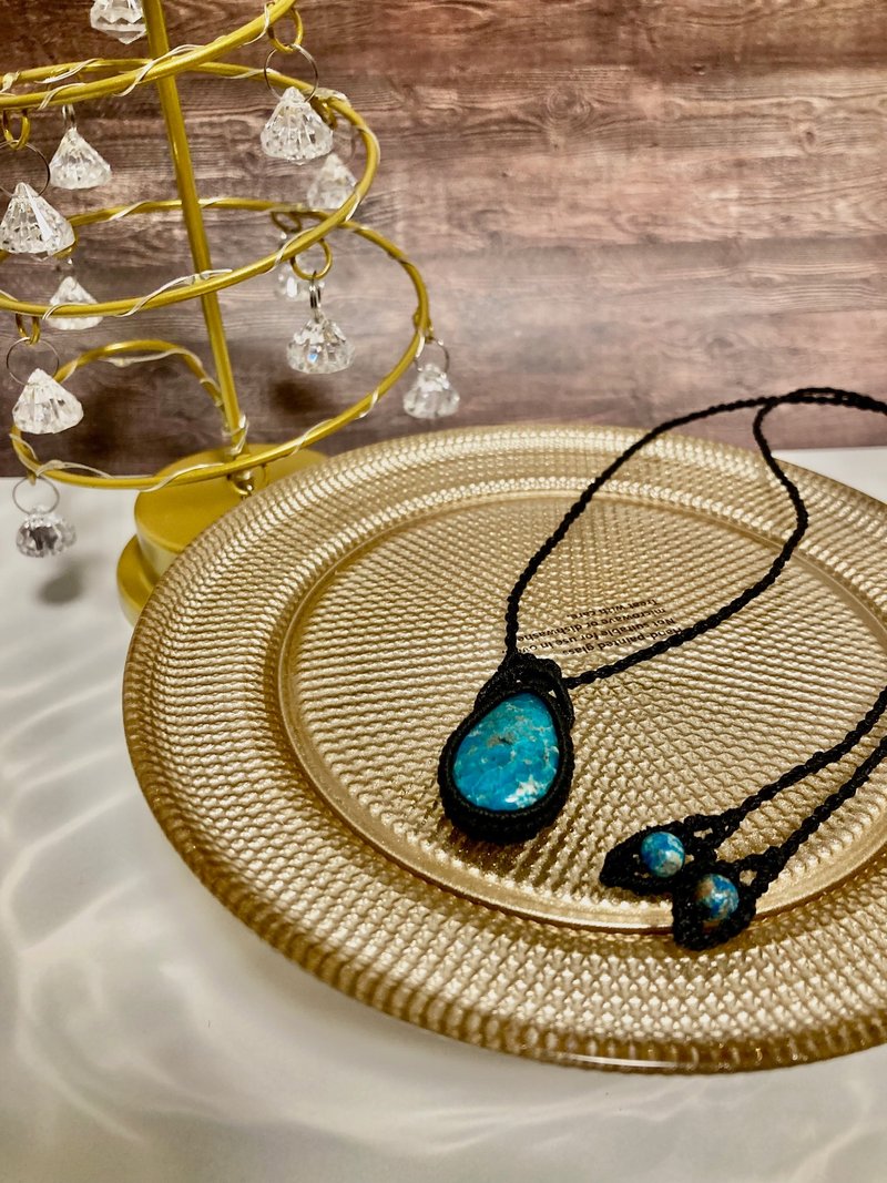 Turquoise Gemstone Necklace Macrame Knitting Black Hoshinoko Jewelry Natural Sto - สร้อยคอ - หิน สีดำ