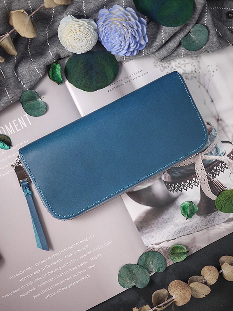 【Mother's Day】Türkiye blue. Vegetable tanned long clip/wallet/wallet/coin purse - กระเป๋าสตางค์ - หนังแท้ สีน้ำเงิน