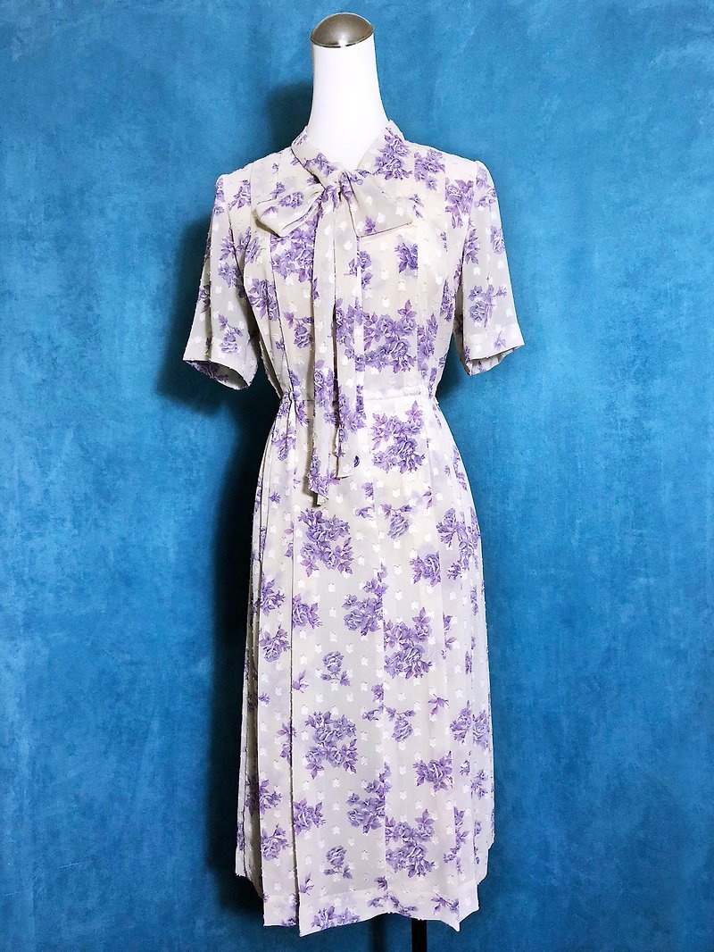 春の花エレガントな質感のアンティーク光半袖ドレス/外国ユニークバック - ワンピース - ポリエステル ホワイト