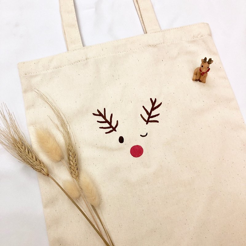 Hand-painted canvas bag - cute elk / exchanging gifts - Handbags & Totes - Cotton & Hemp Red