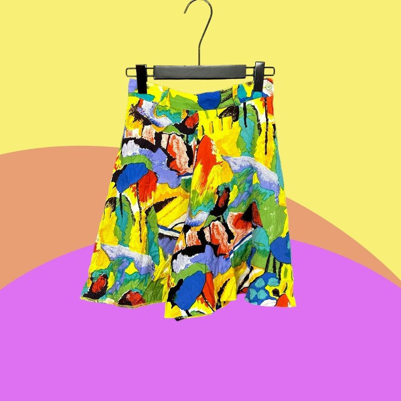 Second-hand colorful printed lightweight high-waisted shorts CA313 - กระโปรง - เส้นใยสังเคราะห์ หลากหลายสี