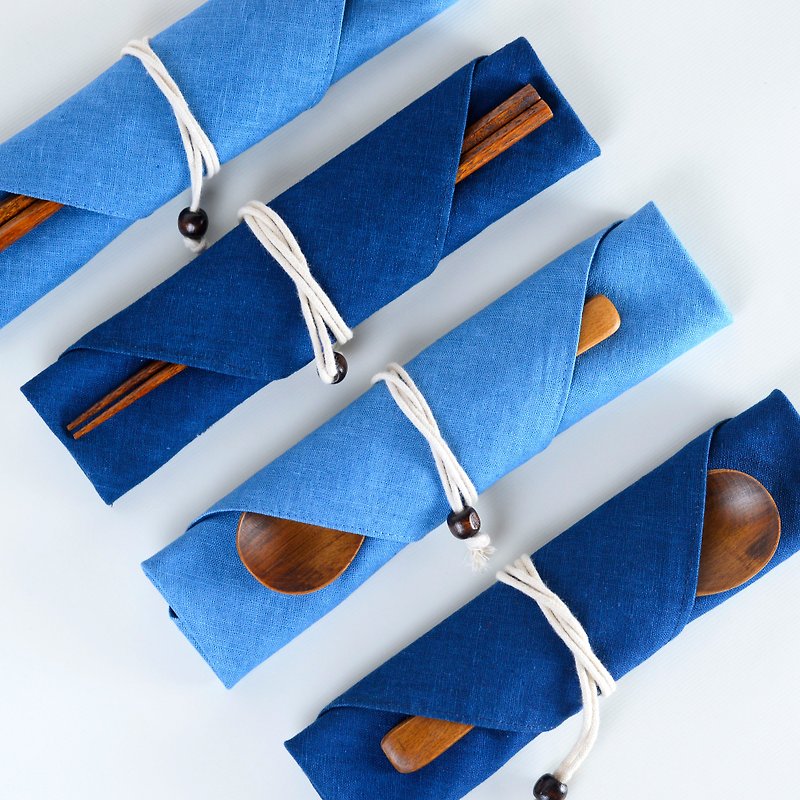 Balmy專屬訂單 餐具組-藍染布包 原木餐具組 - 餐具/刀叉湯匙 - 木頭 藍色
