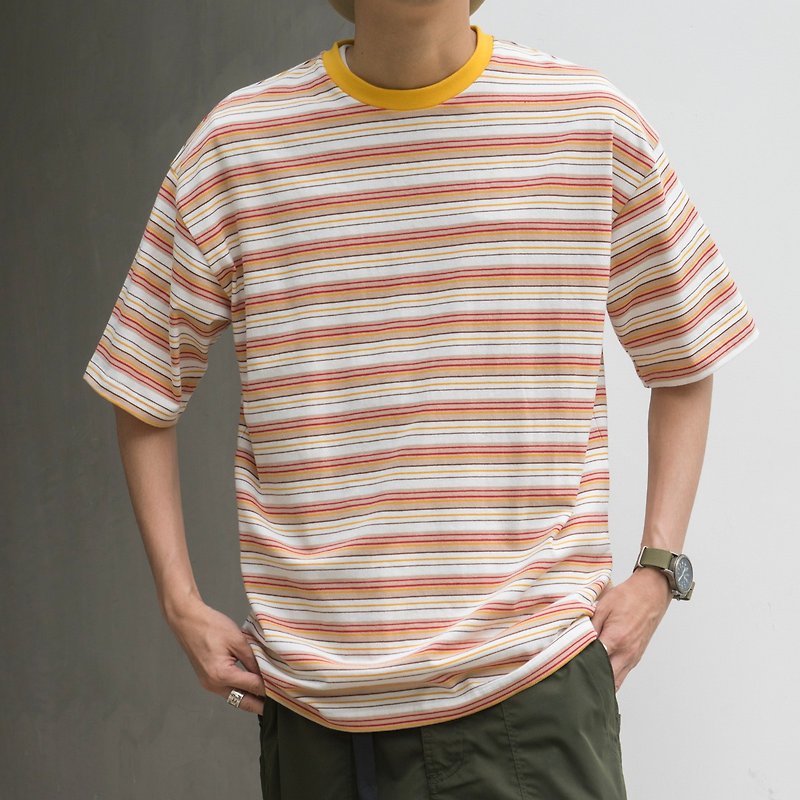 [Wearing for Midsummer Season] STRIPE T-SHIRT Summer Japanese Loose Cut Striped Short Sleeve - เสื้อยืดผู้ชาย - ผ้าฝ้าย/ผ้าลินิน หลากหลายสี
