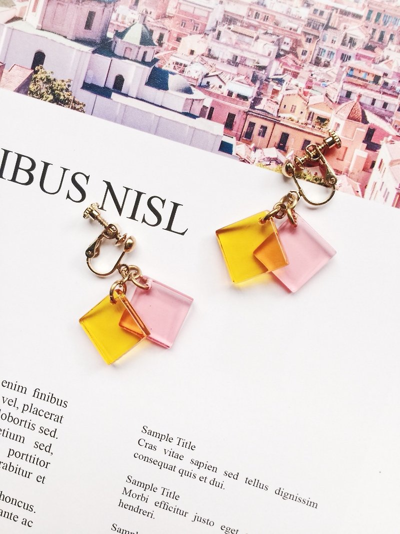 La Don - Contrast red and yellow square ear pin / ear clip - ต่างหู - เรซิน สีเหลือง