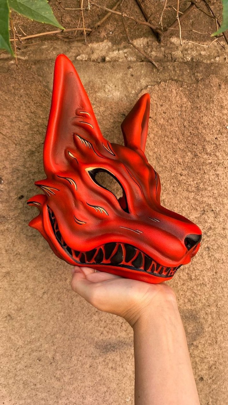 Red Gold Kitsune mask Wearable, Red fox mask, Japanese Kitsune mask Cosplay - Face Masks - Resin Red