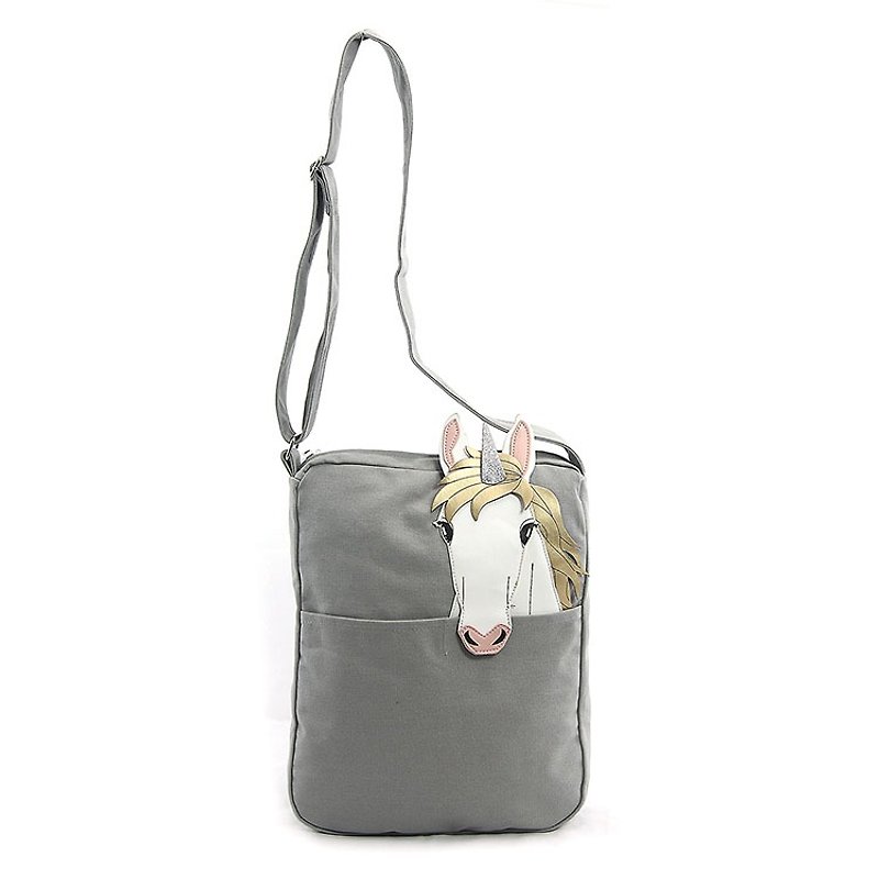 Sleepyville Critters - Unicorn Messenger bag - กระเป๋าแมสเซนเจอร์ - ผ้าฝ้าย/ผ้าลินิน สีเทา