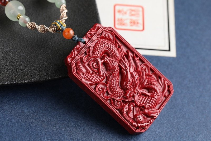 Natural cinnabar fine product, purple gold sand, double-sided dragon pendant, cinnabar content is as high as 95% or more - สร้อยคอ - เครื่องเพชรพลอย 