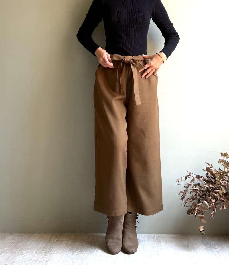 黃石公園/棕色輕毛料寬蝴蝶結綁帶9分寬褲 - 女長褲 - 羊毛 