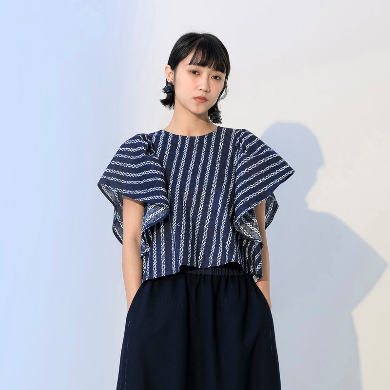 波浪荷葉袖印花上衣 - 女上衣/長袖上衣 - 棉．麻 藍色