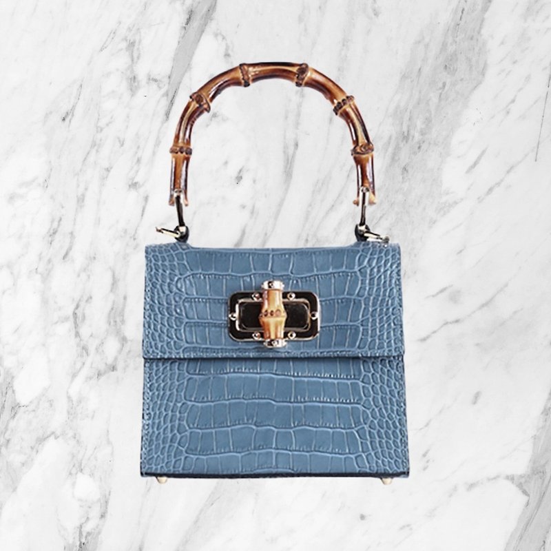 [Made in Italy] Daphne Bamboo Embossed Leather Small Bag - Smoked Blue - Handbags & Totes - Genuine Leather Blue