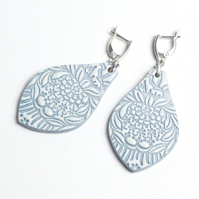 White Blue Leather Earrings, Lightweight Women's Earrings, Floral Pattern - Earrings & Clip-ons - Genuine Leather White