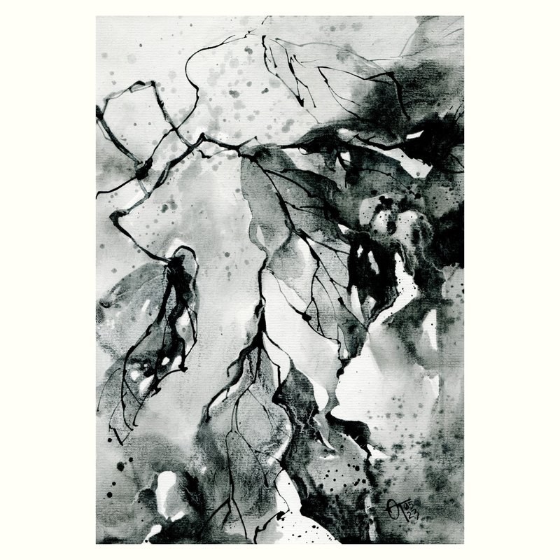 Abstract watercolor and ink tree leaves - 壁貼/牆壁裝飾 - 紙 灰色