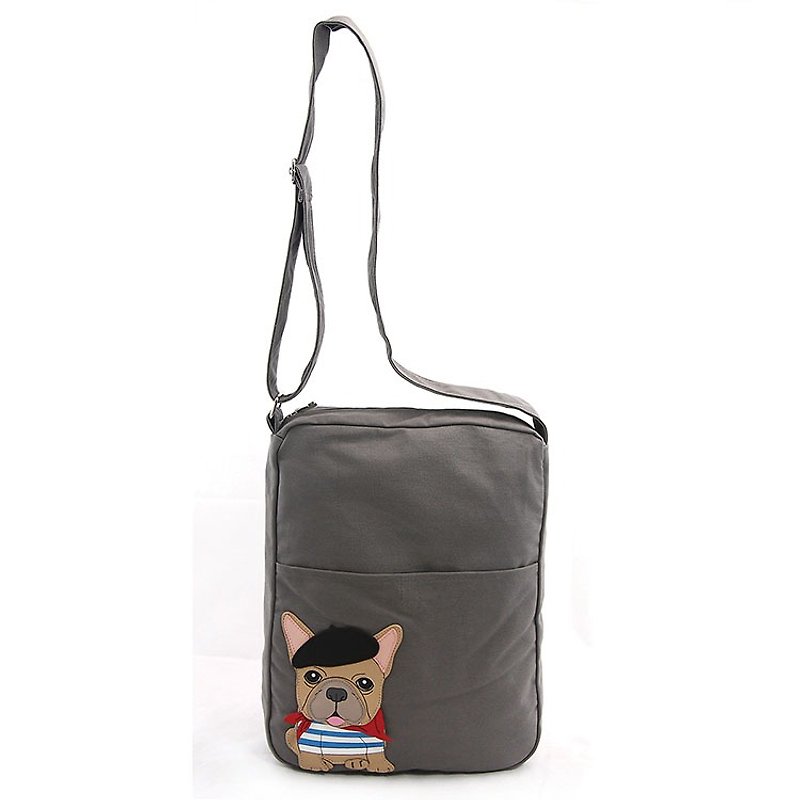 Sleepyville Critters - Artistic French Bulldog Messenger Bag - กระเป๋าแมสเซนเจอร์ - ผ้าฝ้าย/ผ้าลินิน สีเทา