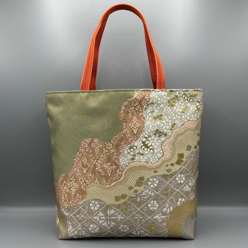 着物 帯 帯締め ハンドメイド トートバッグ リメイク 緑 金 ピンク - 手提包/手提袋 - 絲．絹 綠色