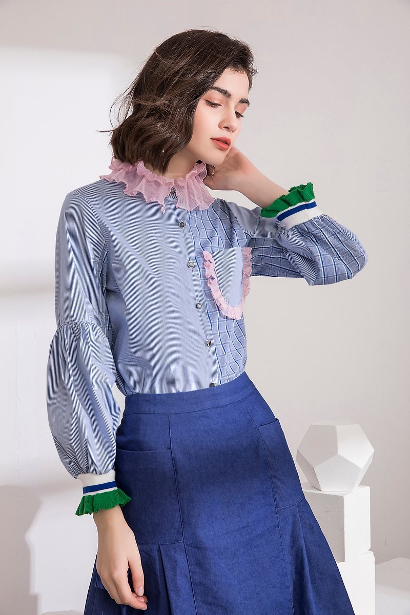 Nega C. Striped plaid stitching double-layer mesh collar shirt--blue--unlined - เสื้อผู้หญิง - เส้นใยสังเคราะห์ สีน้ำเงิน