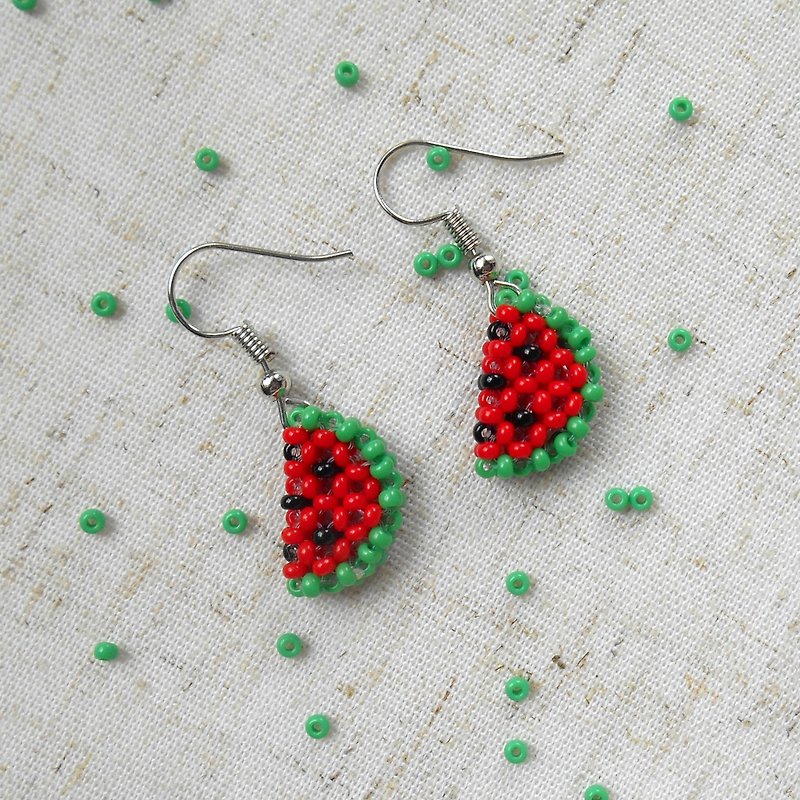 Fruit earrings, watermelon earrings, juicy earrings, fruit jewelry, beaded fruit - Earrings & Clip-ons - Plastic Red