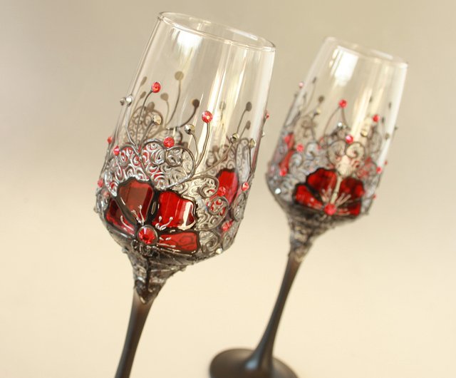 Red Wine Glasses Set of 2, Unique Hand Painted Wine Glasses