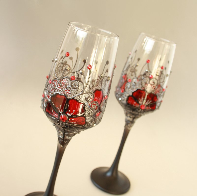 Red Black Wedding Champagne Wine Glasses Anniversary Ruby, Hand-painted set of 2 - 酒杯/酒器 - 玻璃 紅色