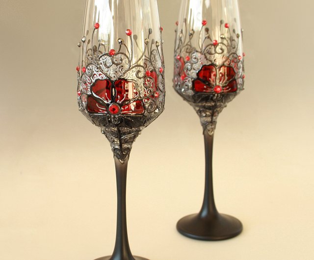 Wine Glasses Black Gold Flowers Swarovski Crystals, Hand-painted set of 2 -  Shop NeA Glass Bar Glasses & Drinkware - Pinkoi