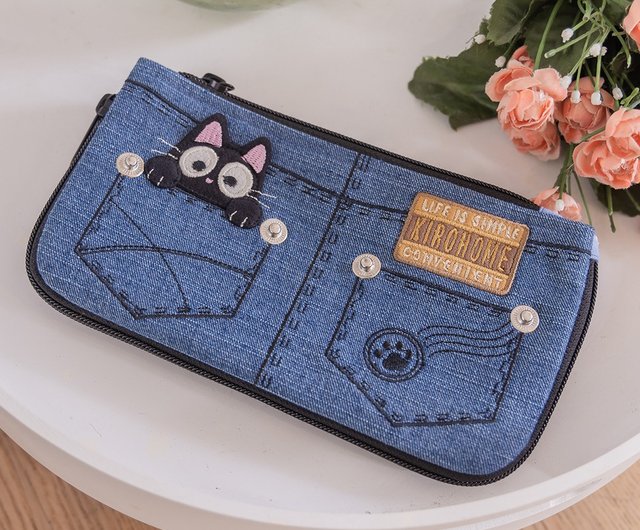 Little Black Cat Denim Denim Zipper Long Clip Cosmetic Bag Mobile