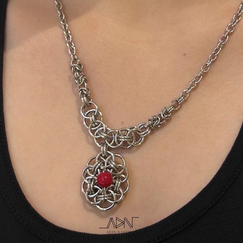 Red Flower Necklace - Necklaces - Stainless Steel Silver